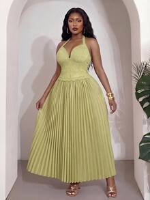 Slaydiva Nuevo estilo de verano, perfecto para fiestas de cumpleaños, vuelta al colegio, estilo preppy, ropa de estudiante, salidas diarias, básicos versátiles, estilo casual, vacaciones, viajes en crucero, playas, , tomar el sol, artículos, estilo callejero, estilo elegante y romántico, citas, compras, vacaciones románticas, sexy. Ajuste ceñido, verde sólido, cuello halter sin mangas con tirantes anudados, estilo de copa de busto, bajo plisado, vestido largo talla grande - B - Verde - Ver 9
