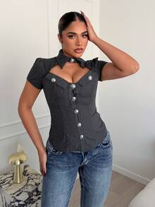 Maria Perezxox 女士复古黑灰条纹金属纽扣短袖衬衫 - 深灰色 - 查看 4