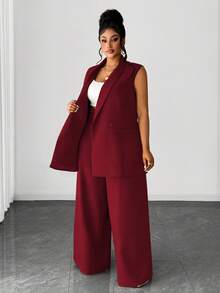 Maweii Setelan Rompi Kancing Ganda Elegan Ukuran Plus & Celana Panjang Lebar, Pakaian Kantor/Perjalanan - Burgundy - View 6