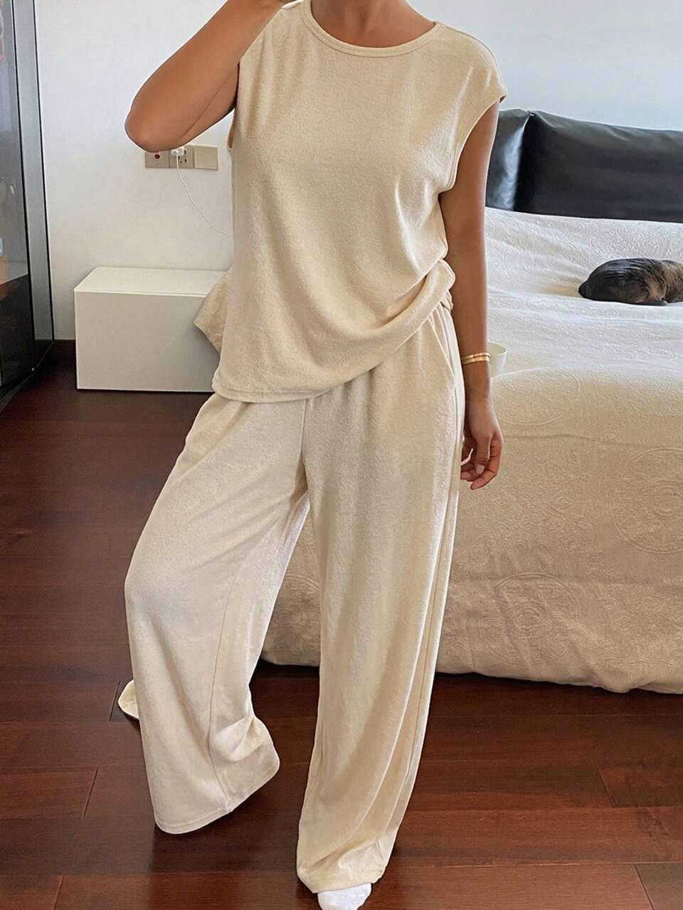 2pcs Minimalist Knit Sleeveless Solid Color Loungewear Set For Women, Summer