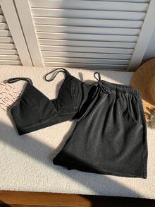 Comfortcana 女士休闲日常通勤简约纯色露脐牛仔吊带背心和抽绳腰牛仔短裤套装，夏季 - 黑色 - 查看 7