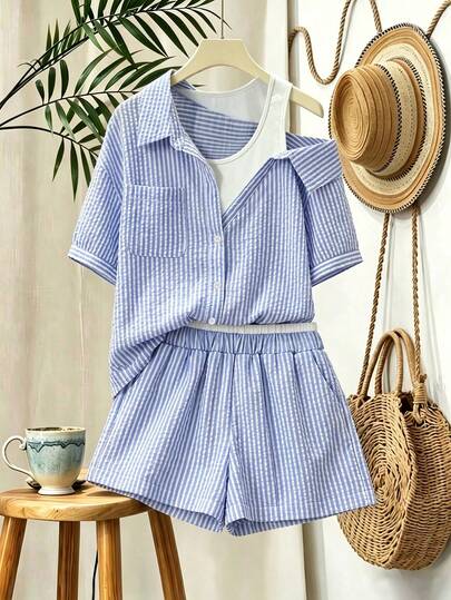 SHEIN Franclia Conjunto casual de 2 piezas para viajes: Camisa de rayas y cardigan de manga corta con parches, shorts azules para mujer, para primavera/verano