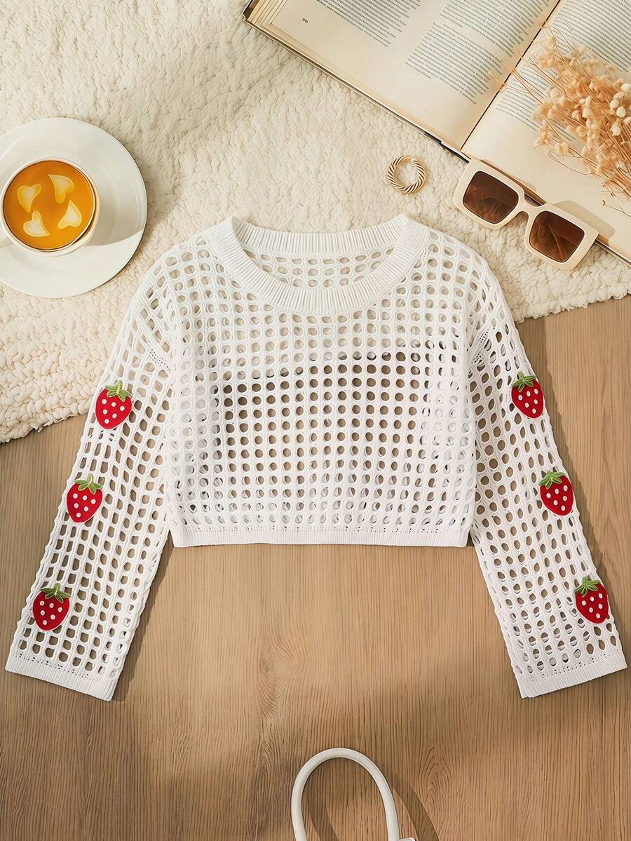 SHEIN غطاء قصير مُرصّع بأشكال الفراولة محبوك بلون سادة وبتصميم مفرّغ - أبيض - مشاهدة 1