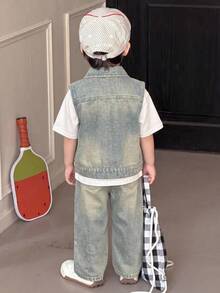 2 piezas Conjunto de chaleco sin mangas de mezclilla azul retro y pantalones holgados para niños pequeños - Lavado ligero - Ver 2