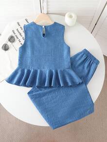 SHEIN Bộ 2 áo không tay bèo nhún và quần ống rộng cho bé gái, trang phục thường ngày cho kỳ nghỉ - Màu xanh lam - Xem 2