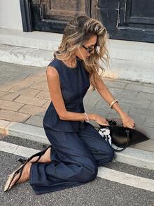 SHEIN PETITE Bộ đồ denim hai mảnh dành cho nữ cỡ nhỏ, áo peplum không tay và quần ống rộng, trang phục thường ngày thanh lịch và thoải mái cho mùa hè. - Rửa tối - Xem 3