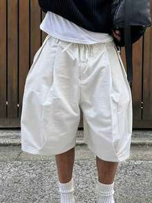 Manfinity Dauomo Men's Solid Color Drawstring Waist Slant Pocket Casual Loose Wide Leg Shorts - Khaki - View 3