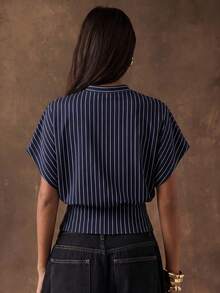 SHEIN BAE Áo thun cổ tròn tay cánh dơi kẻ sọc xanh navy và trắng, phong cách tối giản, thanh lịch, đa năng, phù hợp cho tiệc tùng, đi biển, kỳ nghỉ, mặc mùa hè. - Nhiều màu - Xem 2