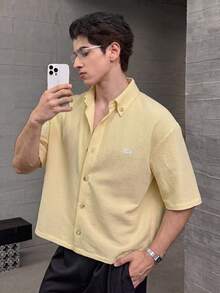 ESTAVOR Men's Casual Fashion Woven Short Sleeve Shirt With Embroidered Polar Bear Design, Suitable For Summer - Light Yellow - View 2
