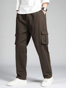 Manfinity Homme Men's Solid Color Drawstring Waist Pocket Casual Cargo Pants, Versatile For Daily Wear - Coffee Brown - View 3