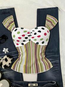 Sunspun Plus Size Colorful Striped & Polka Dot Patchwork Shirt, Spring/Summer - Multicolor - View 1