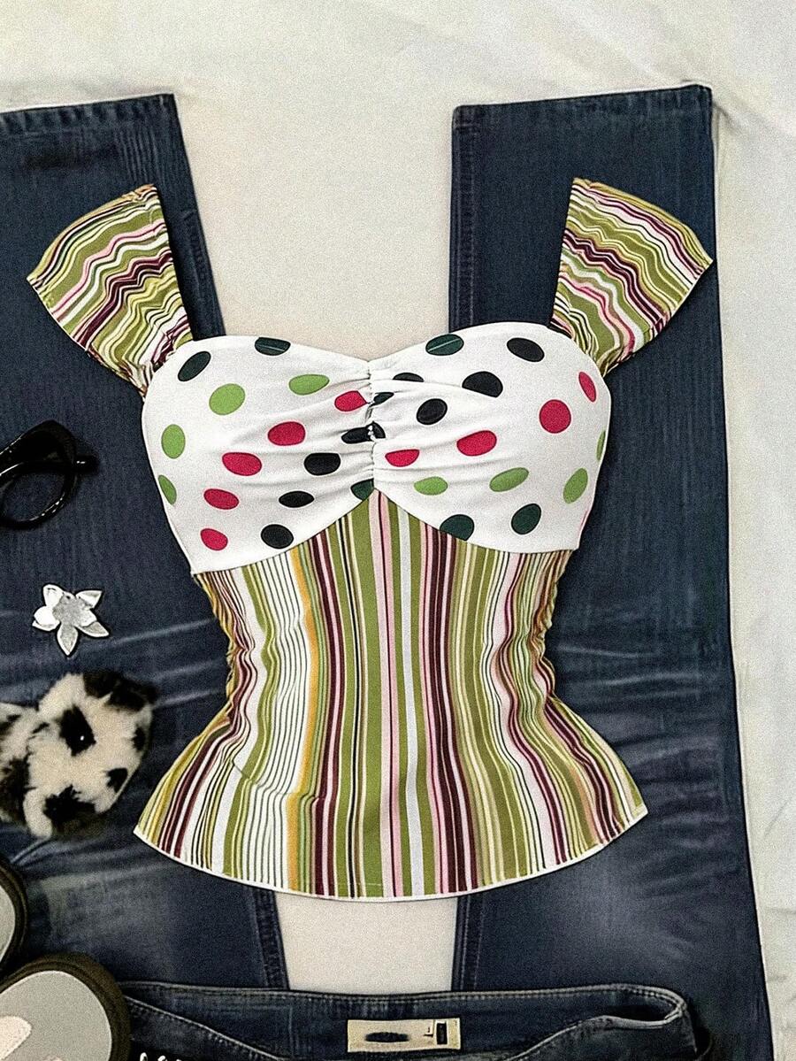 Sunspun Plus Size Colorful Striped & Polka Dot Patchwork Shirt, Spring/Summer - Multicolor - View 1