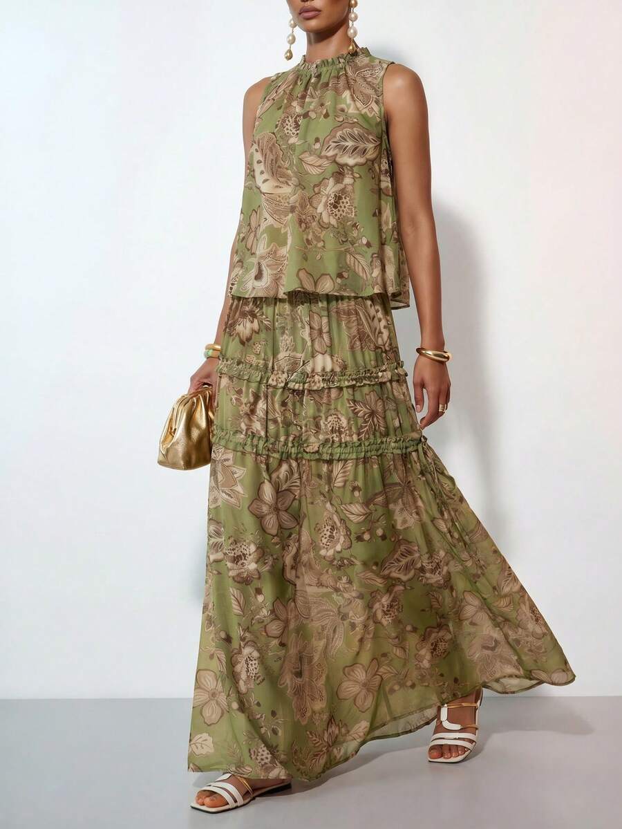 Zivah Bộ đồ đi biển thường ngày thanh lịch kiểu Bohemian in họa tiết chiffon năm 2026, gồm áo hai dây và chân váy chiffon in họa tiết trang nhã, bộ đồ kiểu Bohemian, bộ đồ 2 mảnh in họa tiết dành cho kỳ nghỉ.