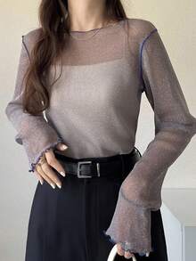 FRIFUL Atasan Turtleneck Jala Transparan untuk Wanita, Pakaian untuk Melapisi Pakaian di Musim Gugur - Grey - View 7