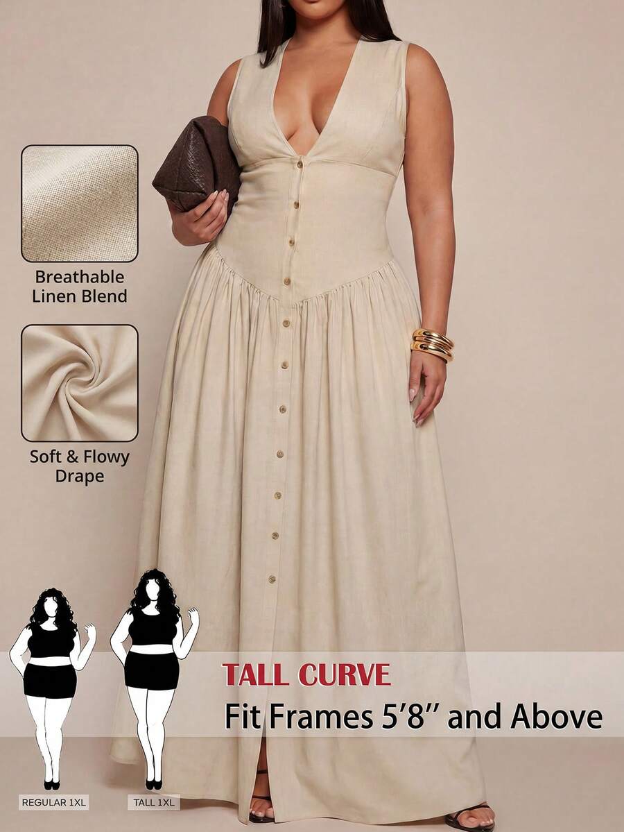 SHEIN Tall CURVE Đầm mùa hè cỡ lớn, kiểu dáng tối giản, cổ chữ V sâu, cài cúc phía trước, không tay.