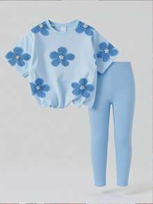 1 Set Tween Girls Light Blue Summer Outfit,Cute Floral Pattern Short Sleeve T-Shirt And Leggings Set,Casual Minimalist School Outfits For Kids - Multicolor - View 3