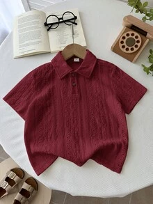 LMoss Kids 男童Polo衫，带领，短袖，提花镂空设计，1件装 - 酒紅色 - 查看 6