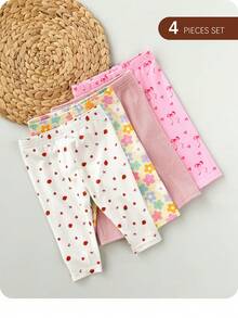 4pcs/Set Newborn Baby Girls' Casual Everyday All-Match Colorful Floral & Striped Print Bottoms, Spring/Summer - Multicolor - View 2