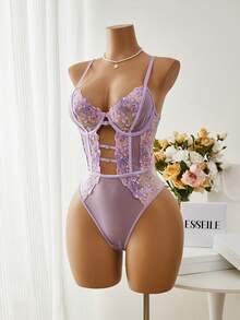SHEIN Spicy Aura 1件装女士性感花卉刺绣网纱连体衣 - 淡紫色 - 查看 5