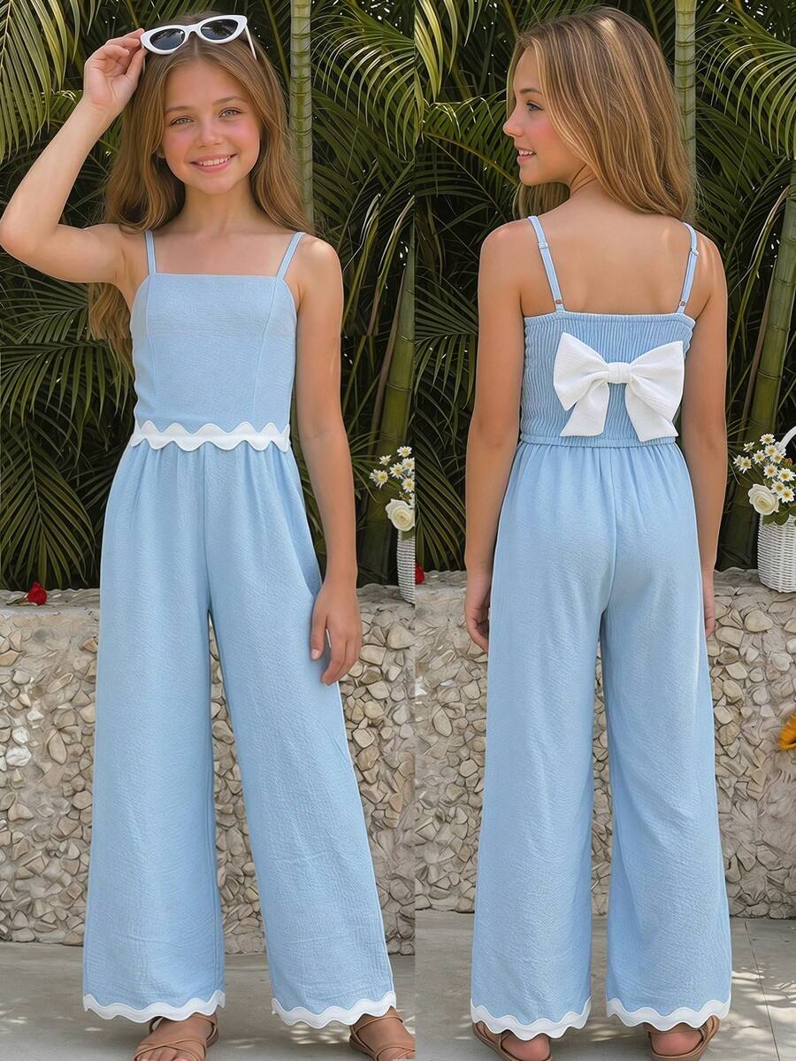 SHEIN Tween Mädchen T-Shirt Co-Ords aus strukturiertem Stoff mit Kontrastsaum, ärmelloses Top & lässig Shorts Set, Blümchen Cami Top & Shorts Set für den täglichen lässig Wear - Babyblau - Übersicht 1