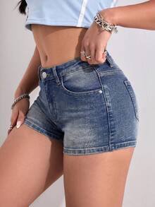 Jeanoix Quần short denim nữ dáng ôm, đa năng, thích hợp mặc hàng ngày đi làm, màu xanh denim bạc, mùa hè. - Rửa nhẹ - Xem 8