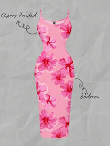 SHEIN EZwear Đầm hai dây ôm sát in họa tiết hoa vẽ tay màu hồng nhuộm tie-dye, thích hợp cho mùa hè, kỳ nghỉ, phong cách thường ngày và tối giản. - Nhiều màu - Xem 6