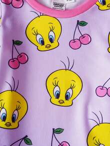 LOONEY TUNES X SHEIN Conjunto de pijama de ajuste ceñido con camiseta de manga larga y pantalones con estampado de Tweety Bird y cerezas, diseño lindo y dulce para niña bebé - Morado - Ver 4
