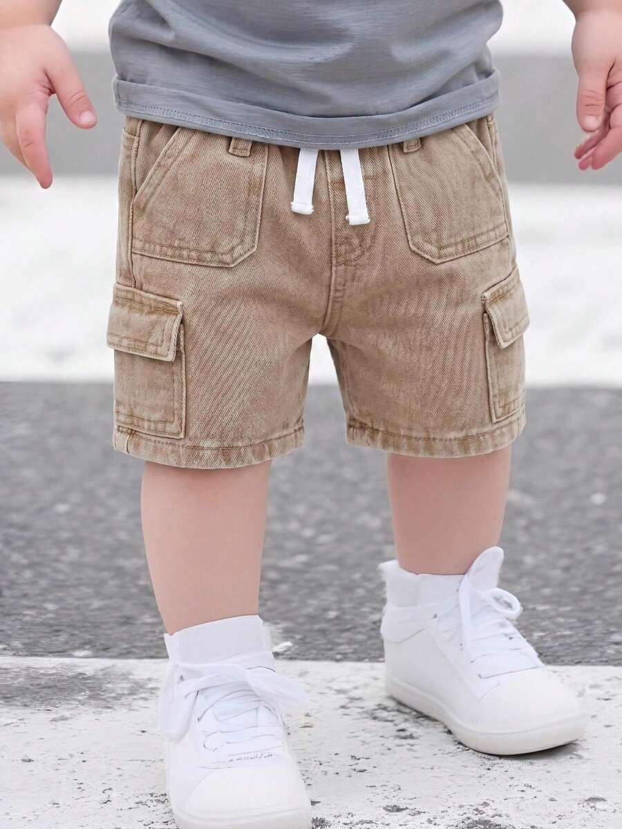 Pantalones cortos de carga de mezclilla holgados de color caqui para niños pequeños - Caqui - Ver 1