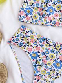 SHEIN Bộ đồ bơi 2 mảnh gồm áo tankini cổ yếm họa tiết hoa nhí cho bé gái và thiếu niên, có khóa kim loại trang trí, kiểu dáng ngọt ngào và thời trang, phù hợp cho nhiều dịp, xuân/hè, đi biển, bộ đồ bơi trẻ em, kỳ nghỉ hè. - Màu xanh lam - Xem 7
