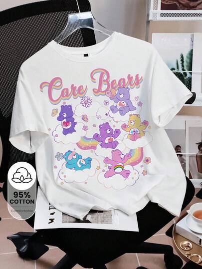 SHEIN X Care Bears Women's Casual Cartoon Print Short Sleeve T-Shirt, Summer