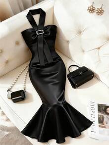 RosyDaze Vestido formal de satén estilo sirena con escote halter para mujer, con hebilla cuadrada de metal con piedras rhinestone en el cuello y cinta a juego, adecuado para ocasiones formales/semiformales como galas, fiestas, bodas, citas - Negro - Ver 3