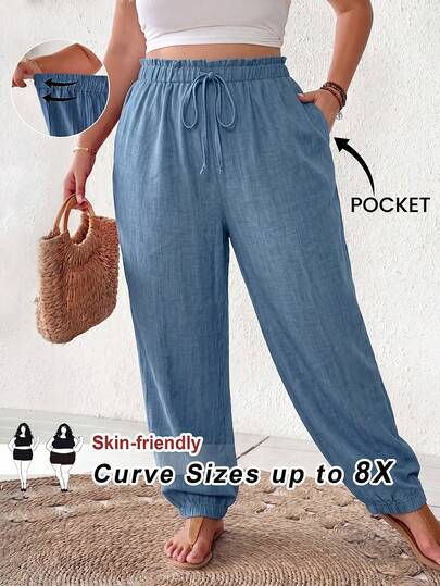 SHEIN CURVE+ Plus Size High Waist Drawstring Casual Pants