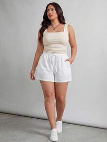 SHEIN Tall CURVE Quần short cạp cao màu trơn, kiểu thắt nút phía trước, cỡ lớn, thích hợp mặc mùa hè. - trắng - Xem 6