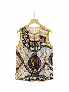 SHEIN Clasi Conjunto de 2 piezas de top de cuello redondo casual y pantalones de pierna ancha para mujer - Multicolor - Ver 9