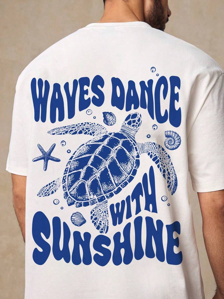 HIMLAND Men's Round Neck Letter & Sea Turtle Print Casual Versatile Daily Wear Short Sleeve T-Shirt - Multicolor - View 1
