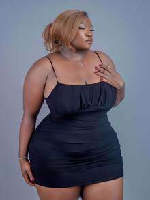 CurvyTilda Plus Size Women's Summer Sexy Black Knitted Mesh Bodycon Mini Dress With Spaghetti Straps Dress, For Hourglass Body Shape - Black - View 3