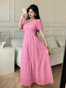 Modelyn French Square Collar Petal Sleeve Hollow Embroidery Cinched Waist A-Line Dress For Women - Watermelon Pink - View 6