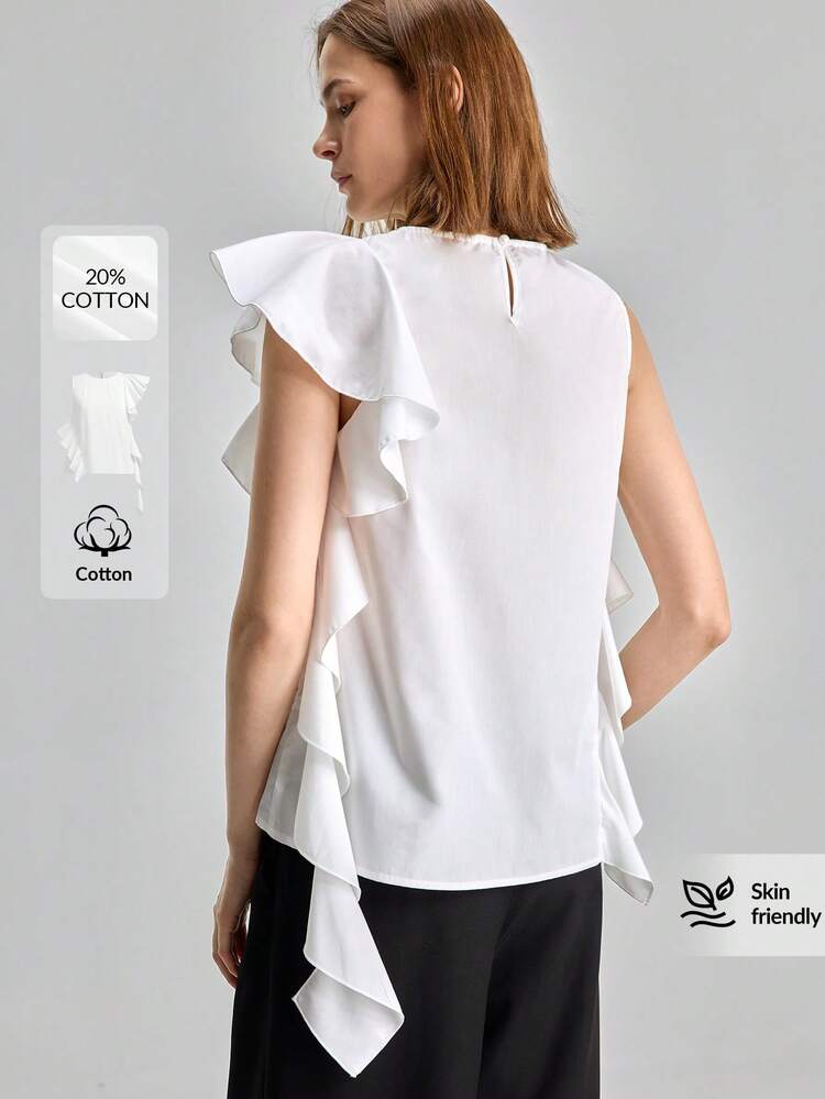 Women's White Round Neck Ruffle Hem Loose Blouse,Elegant Summmer Tea Party Wear,Business Casual Office Attire,Old-Money Style Boho Vacation Outfits