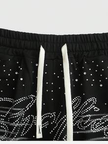 ROMWE MEN 男士做旧水钻装饰宽松短裤 - 黑色 - 查看 5