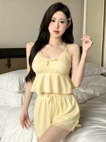 DAZY 2件組蕾絲飾邊蝴蝶結裝飾荷葉邊細肩帶背心女款夏季睡衣套裝 - 白色 - 查看 3