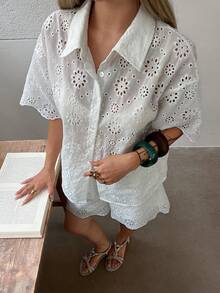 Dazy-Less Conjunto informal de 2 piezas de top de una sola hilera bordado y shorts para mujer - Blanco - Ver 3