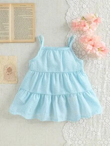 SHEIN 女婴条纹叠层彩色流苏连衣裙，适合户外玩耍、度假、聚会及各种日常场合，百搭款式，春夏宝宝服装，0-3岁 - 彩色 - 查看 3