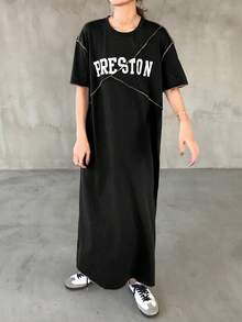 FRIFUL 女士宽松灰色字母印花连衣裙，开衩设计，装饰缝线，夏季女式连衣裙 - 黑色 - 查看 3