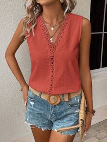 SHEIN LUNE Guipure Lace Panel Sleeveless Blouse - Redwood - View 7