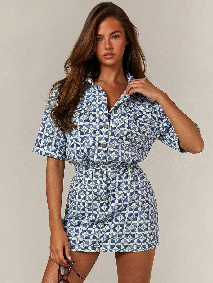 Athîral Denim 女士休闲纽扣前开襟收腰牛仔中长连衣裙，夏季 - 彩色 - 查看 1