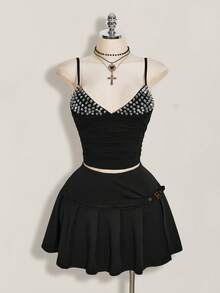 SHEIN ICON Plus Size Y2K Casual Retro Sexy Mini Pleated Slit Black Skirt Back-To-School Formal Graduation Summer - Black - View 3