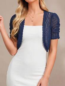 Amorya Women's Elegant Lace Short Sleeve Open Front Short Lightweight Jacket, Suitable For Daily Commute And Versatile Wear, Autumn/Winter - Navy Blue - View 4