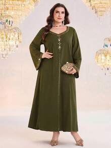 Al Najma Plus Size Women's Rhinestone Embellished Elegant Arabic Style Evening Dress For Party - Army Green - View 3