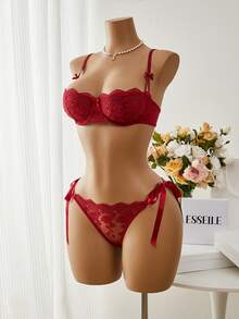 Esselle Women's Solid Color Lace Patchwork Knotted Sheer Sexy Bra And Panty Lingerie Set, 2pcs - Burgundy - View 5
