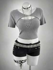 FRIFUL Women's Round Neck Hollow Out Front Short Sleeve 2 In 1 Sweet Knit Top, Summer - Grey - View 3